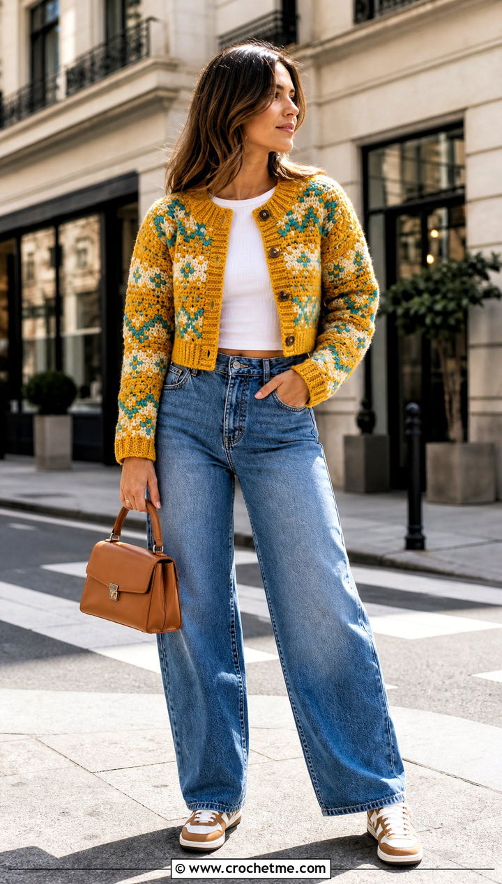 Cropped Fair Isle Crochet Cardigan Sweater With Barrel Jeans - 25 fair isle crochet sweater outfit ideas