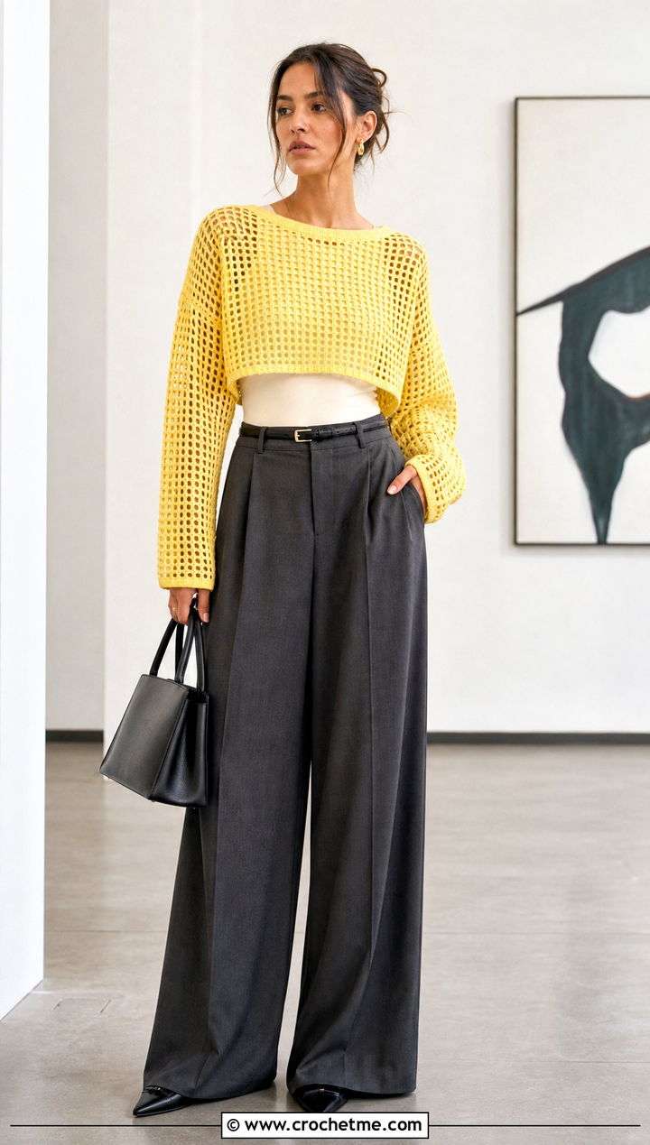 Cropped Filet Crochet Mesh Jumper With Wide Leg Trousers - 30 crochet mesh jumper outfit ideas