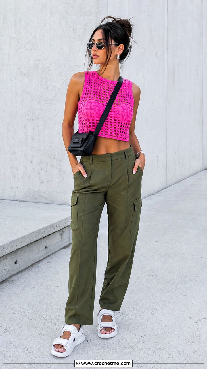 Cropped Filet Crochet Tank With Cargo Pants - 35 fillet crochet top outfit ideas