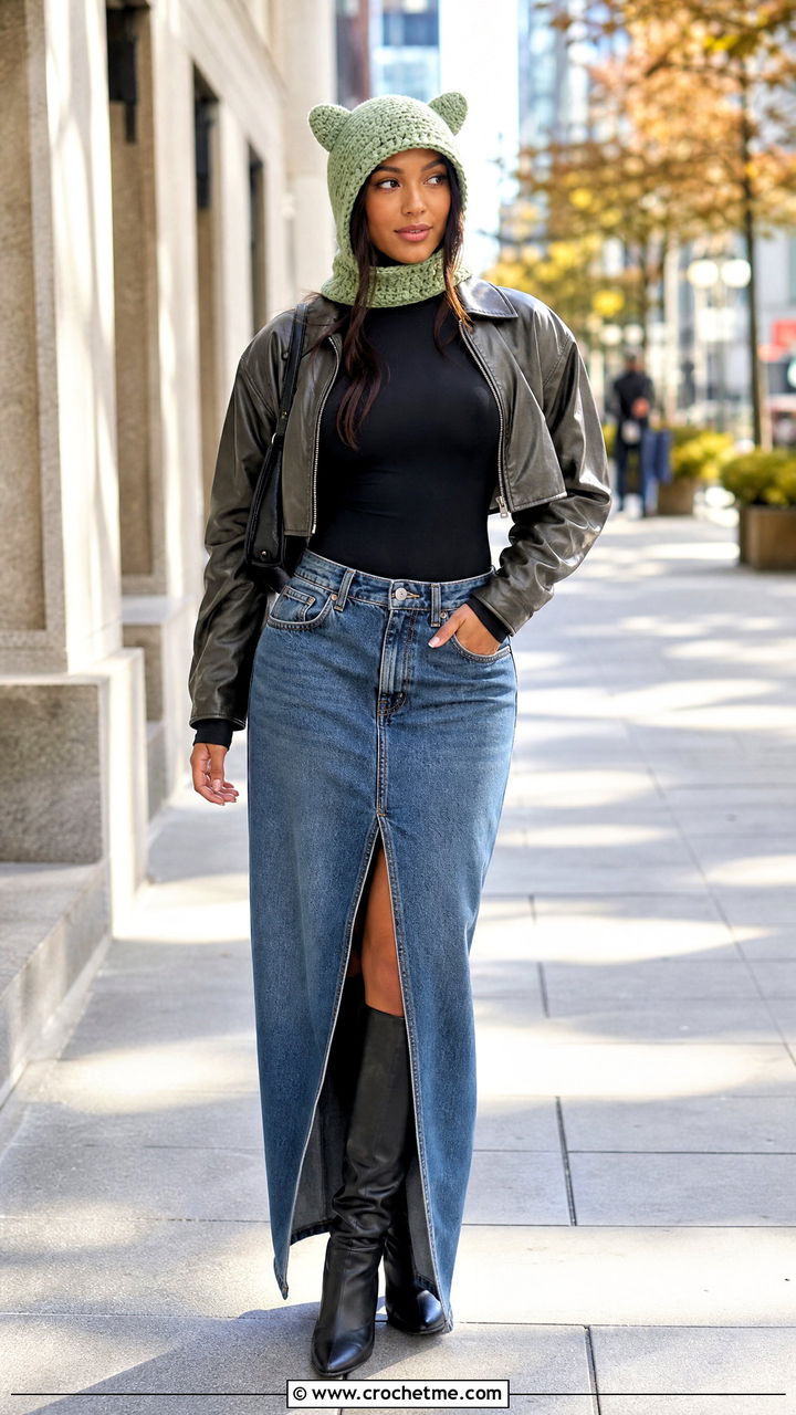 Cropped Finn Hood Hat With Denim Maxi Skirt - 35 crochet finn hat outfit ideas