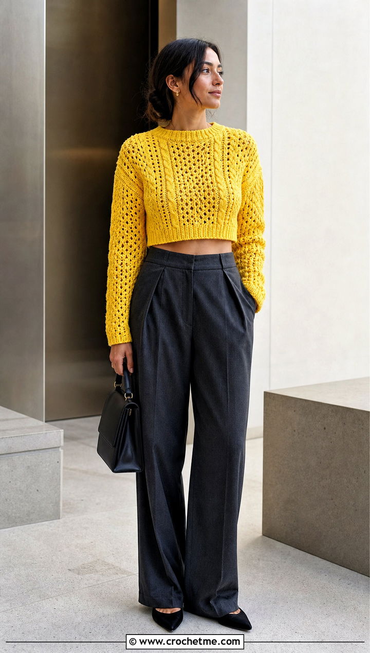 Cropped Fisherman Crochet Sweater With Wide Leg Trousers - 25 Fisherman Crochet Sweater outfit ideas