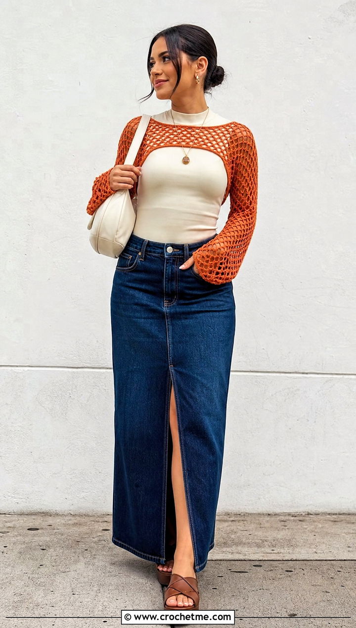 Cropped Fishnet Crochet Bolero With Denim Maxi Skirt - 25 Fishnet Crochet Bolero outfit ideas