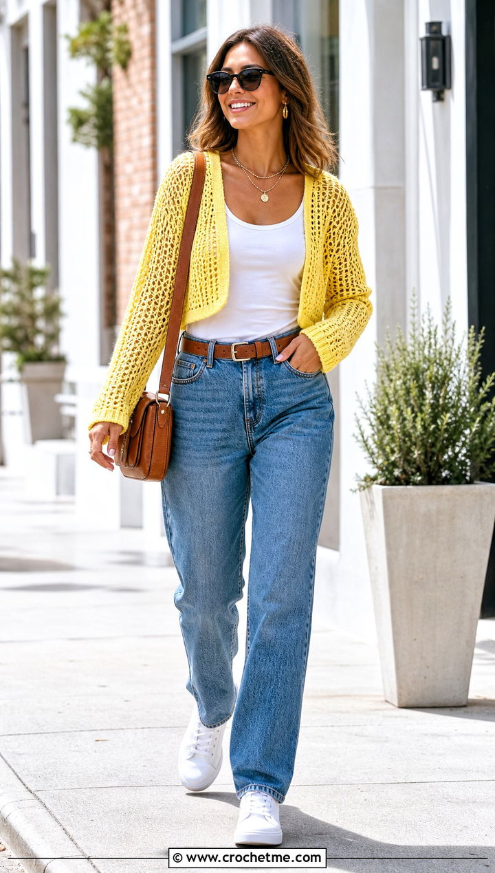 Cropped Fishnet Crochet Mesh Cardigan With Straight Leg Jeans - 35 crochet mesh cardigan outfit ideas