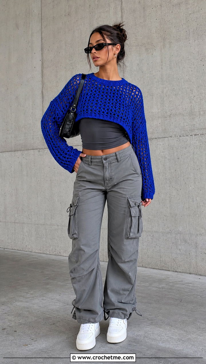 Cropped Fishnet Crochet Mesh Sweater With Cargo Pants - 35 oversized crochet mesh sweater outfit ideas