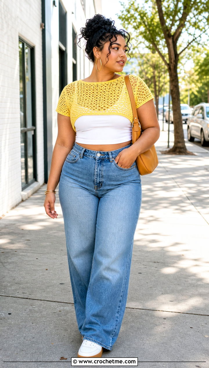 Cropped Fishnet Crochet Top With Wide Leg Jeans - 25 Fishnet Crochet Top outfit ideas