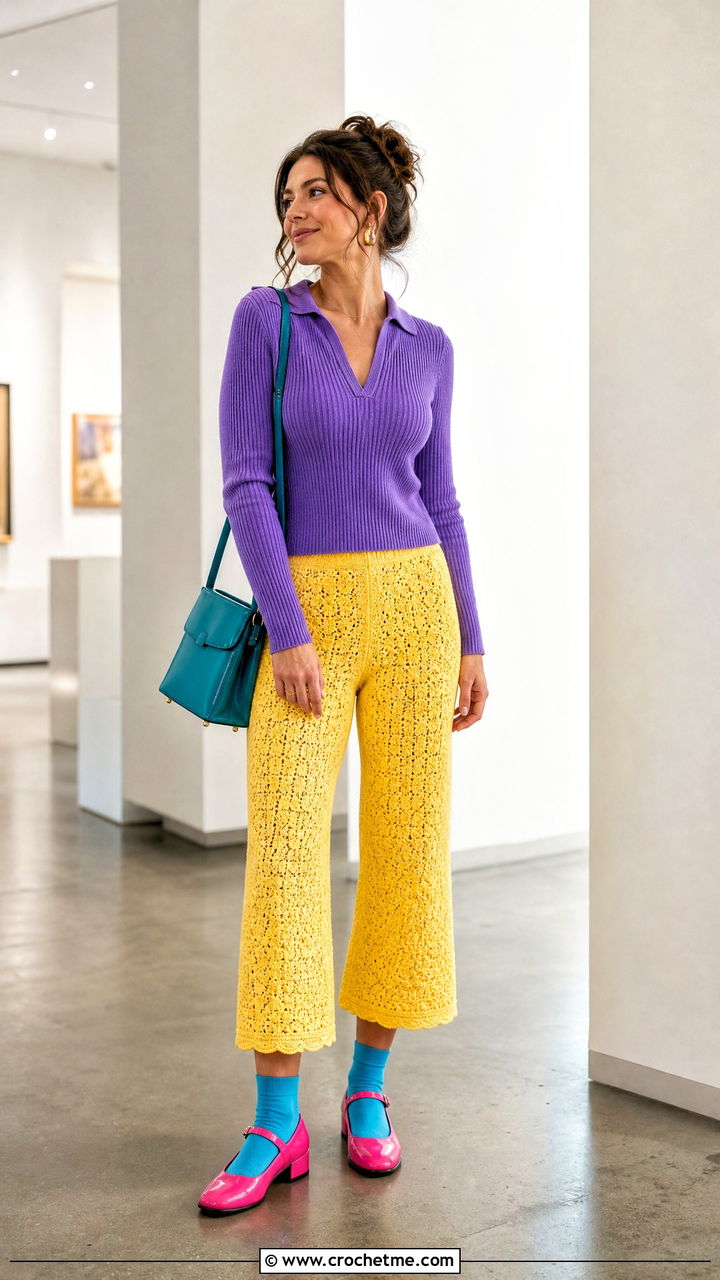 Cropped Flare Crochet Pants With Mary Jane Shoes - 35 crochet pants outfit ideas