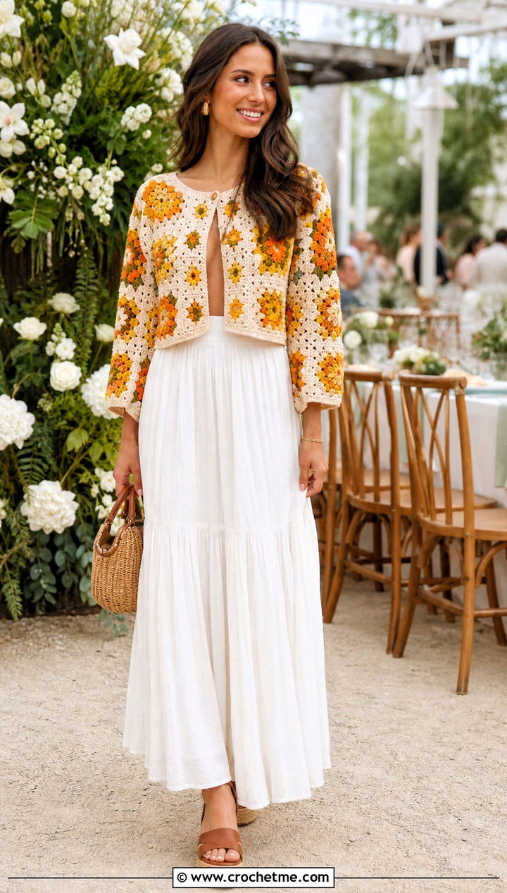 Cropped Floral Cotton Granny Square Cardigan With Maxi Skirt - 25 cotton granny square cardigan outfit ideas