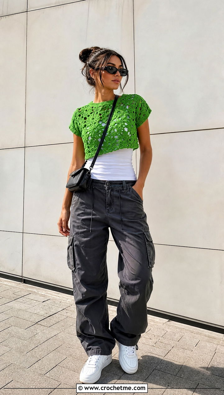 Cropped Floral Crochet Blouse With Cargo Pants - 15 floral crochet blouse style outfit ideas