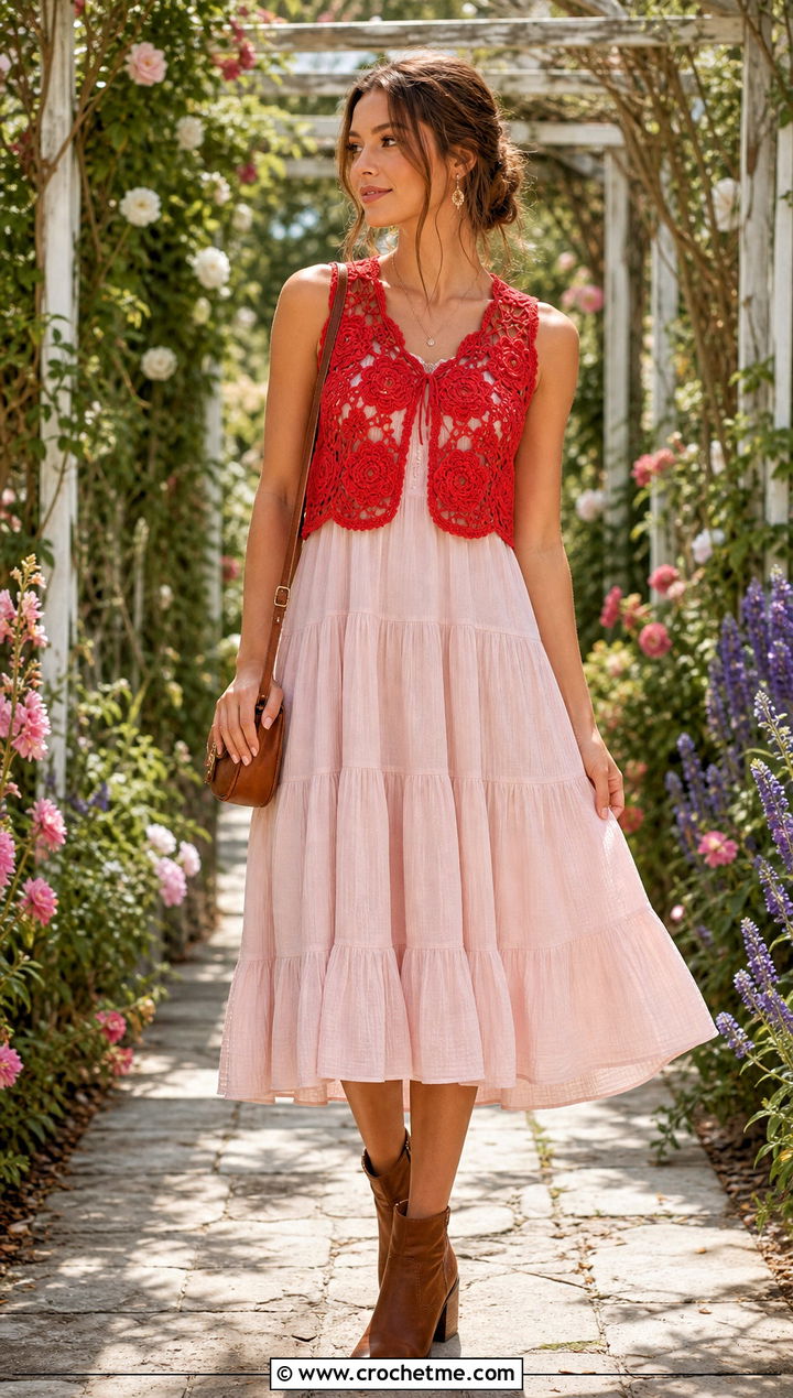 Cropped Floral Crochet Vest With a Tiered Dress - 35 crochet vests outfit ideas