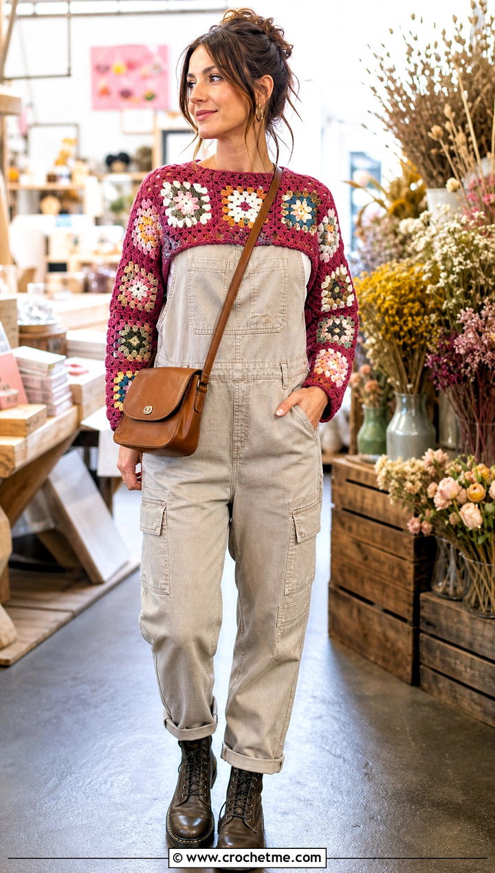 Cropped Floral Granny Crochet Sweater Over A Utility Jumpsuit - 35 crochet sweater with flowers outfit ideas