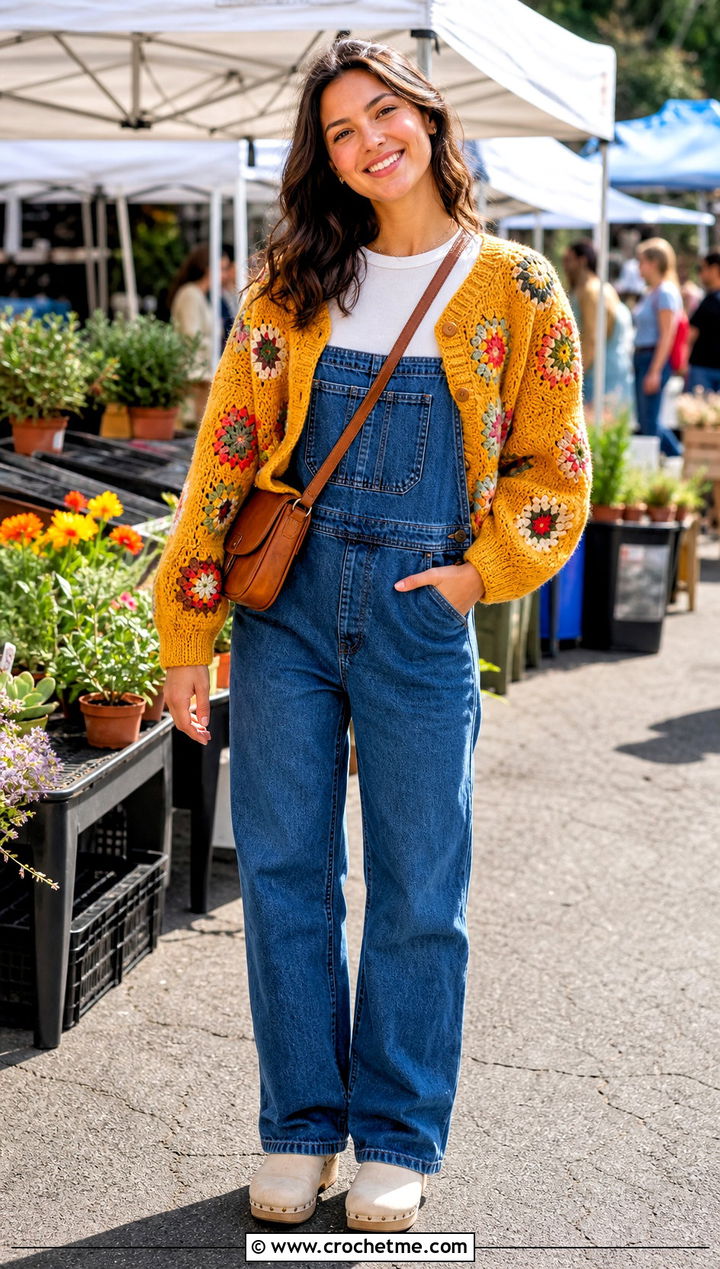 Cropped Floral Granny Square Balloon Sleeve Cardigan With Overalls - 25 Crochet Puffy Sleeves Cardigan outfit ideas