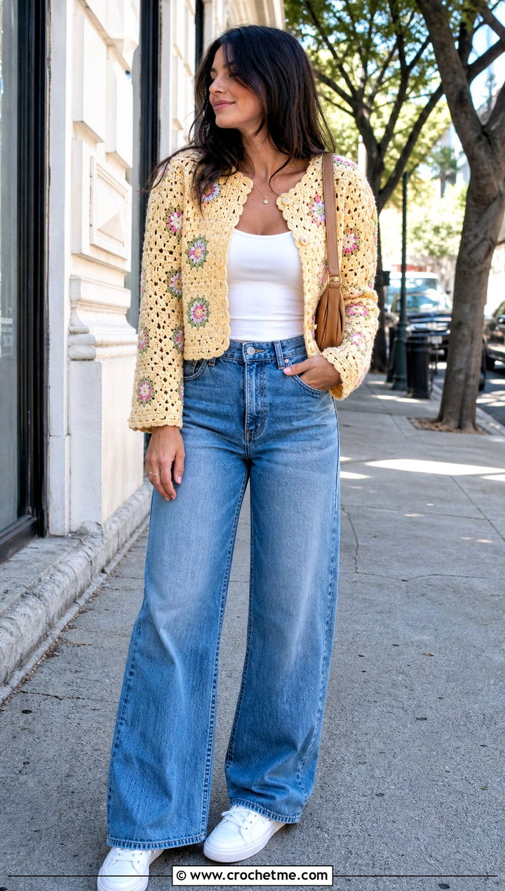 Cropped Floral Granny Square Cardigan With Wide Leg Jeans - 20 Grant Square Crochet Cardigan outfit ideas