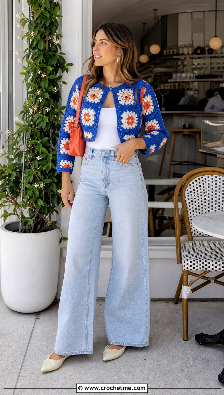 Cropped Floral Granny Square Cardigan With Wide Leg Jeans - 15 Never Off Granny Square Cardigan outfit ideas