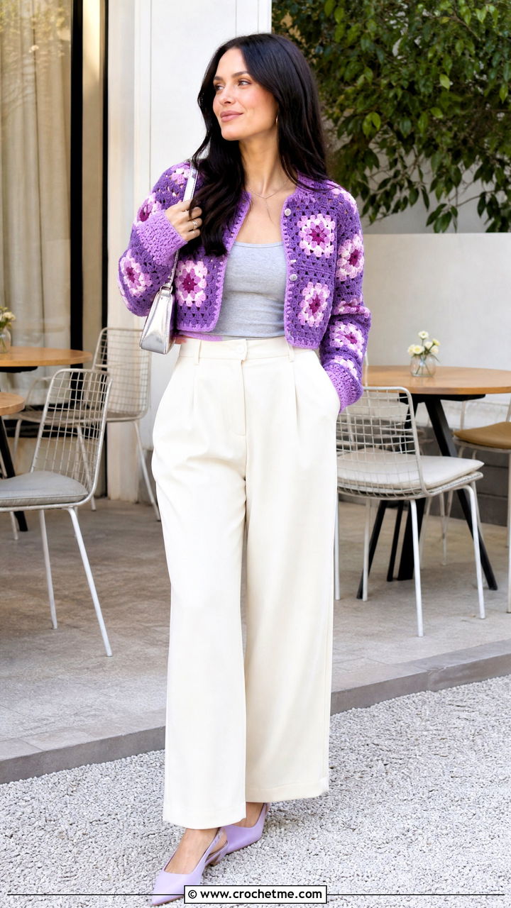 Cropped Floral Granny Square Cardigan With Wide Leg Trousers - 35 crochet granny square cardigan outfit ideas