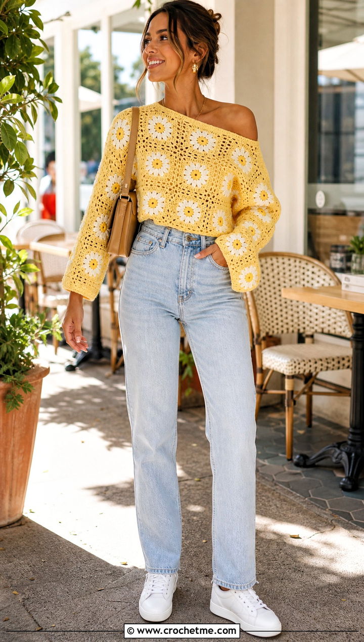 Cropped Floral Granny Square Off The Shoulder Sweater With Straight Leg Jeans - 20 granny square off the shoulder sweater outfit ideas