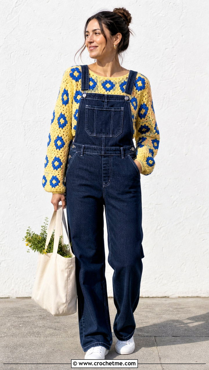 Cropped Floral Granny Square Sweater With Overalls - 25 Granny Squares Sweater outfit ideas