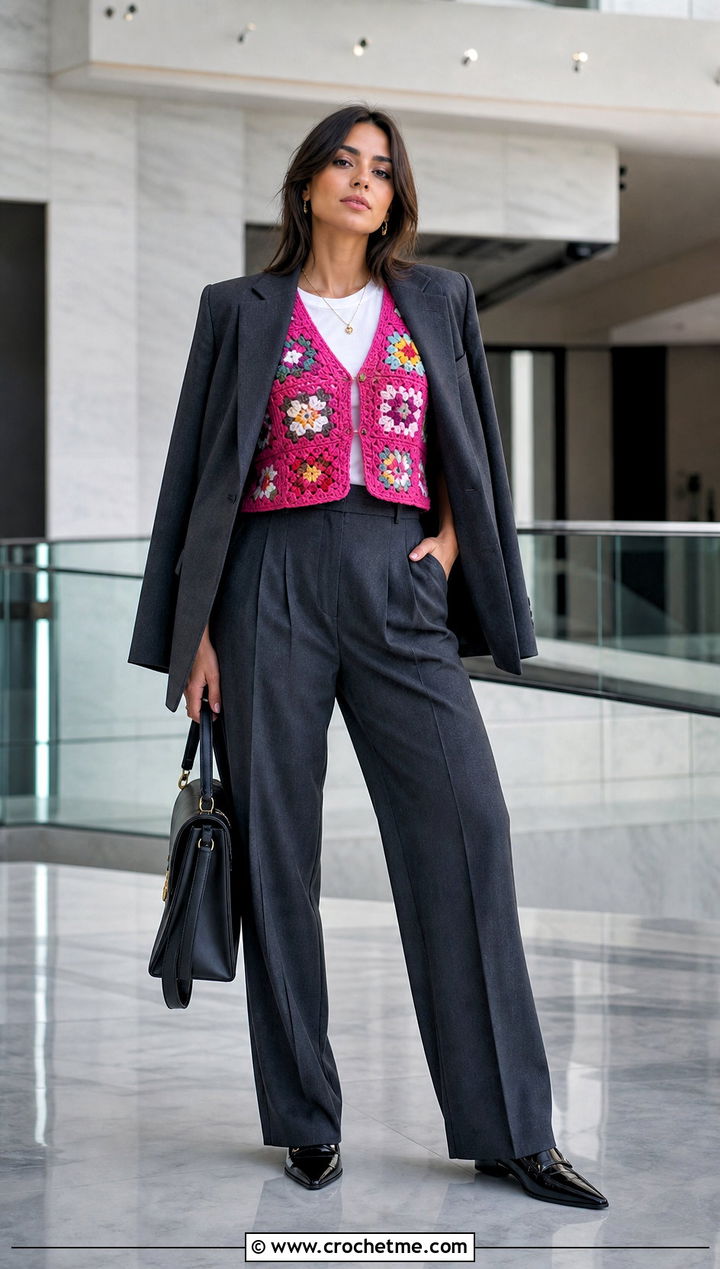 Cropped Floral Granny Square Vest With Suit - 25 Granny Squares Vest outfit ideas