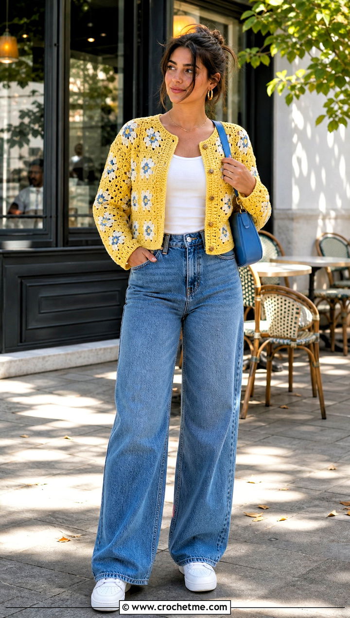Cropped Floral Small Granny Square Cardigan With Wide Leg Jeans - 25 Small Granny Square Cardigan outfit ideas