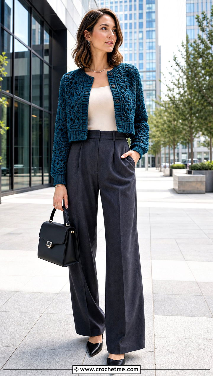 Cropped Folklore Crochet Cardigan With Wide Leg Trousers - 30 folklore crochet cardigan outfit ideas
