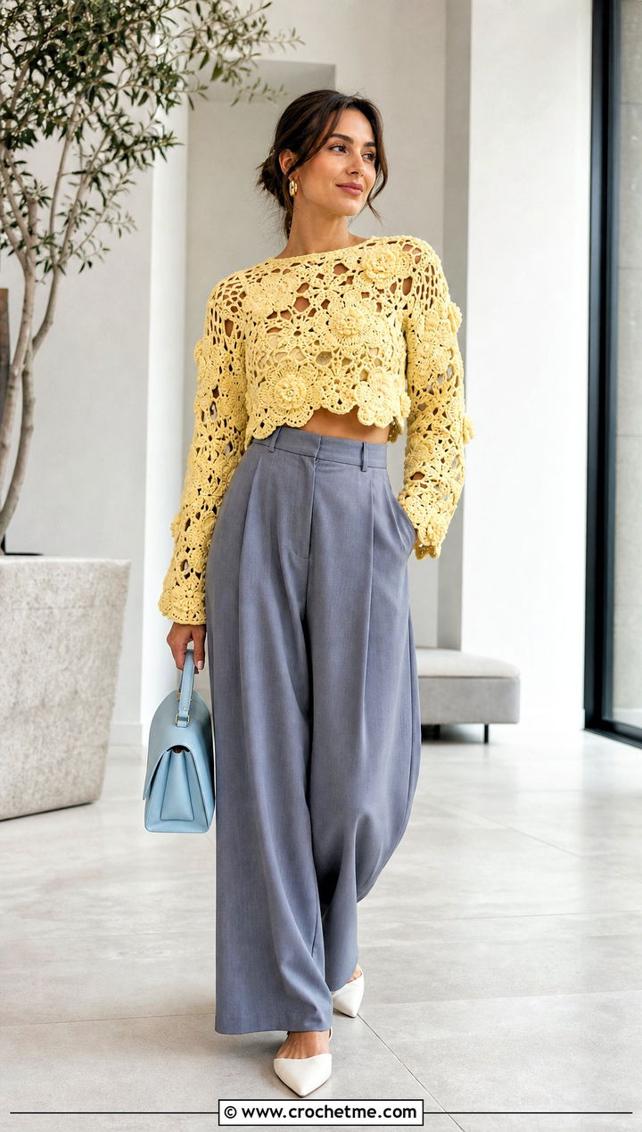 Cropped Freeform Crochet Sweater With Wide Leg Trousers - 30 freeform crochet sweater outfit ideas
