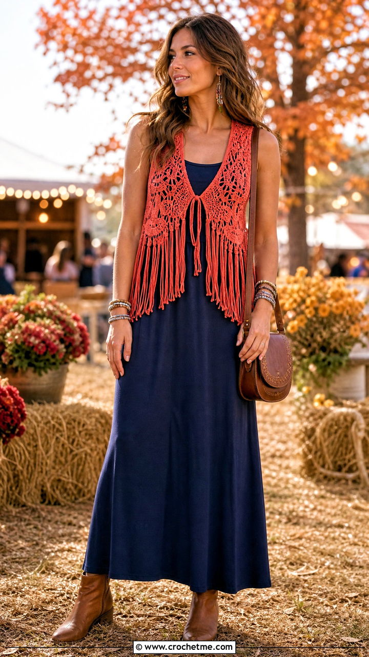 Cropped Fringe Crochet Vest With a Maxi Dress - 35 boho crochet vest outfit ideas