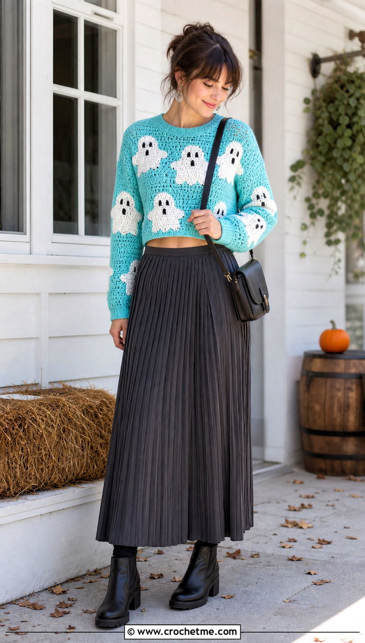 Cropped Ghost Crochet Halloween Sweater With Maxi Skirt - 35 Crochet Halloween Sweater outfit ideas