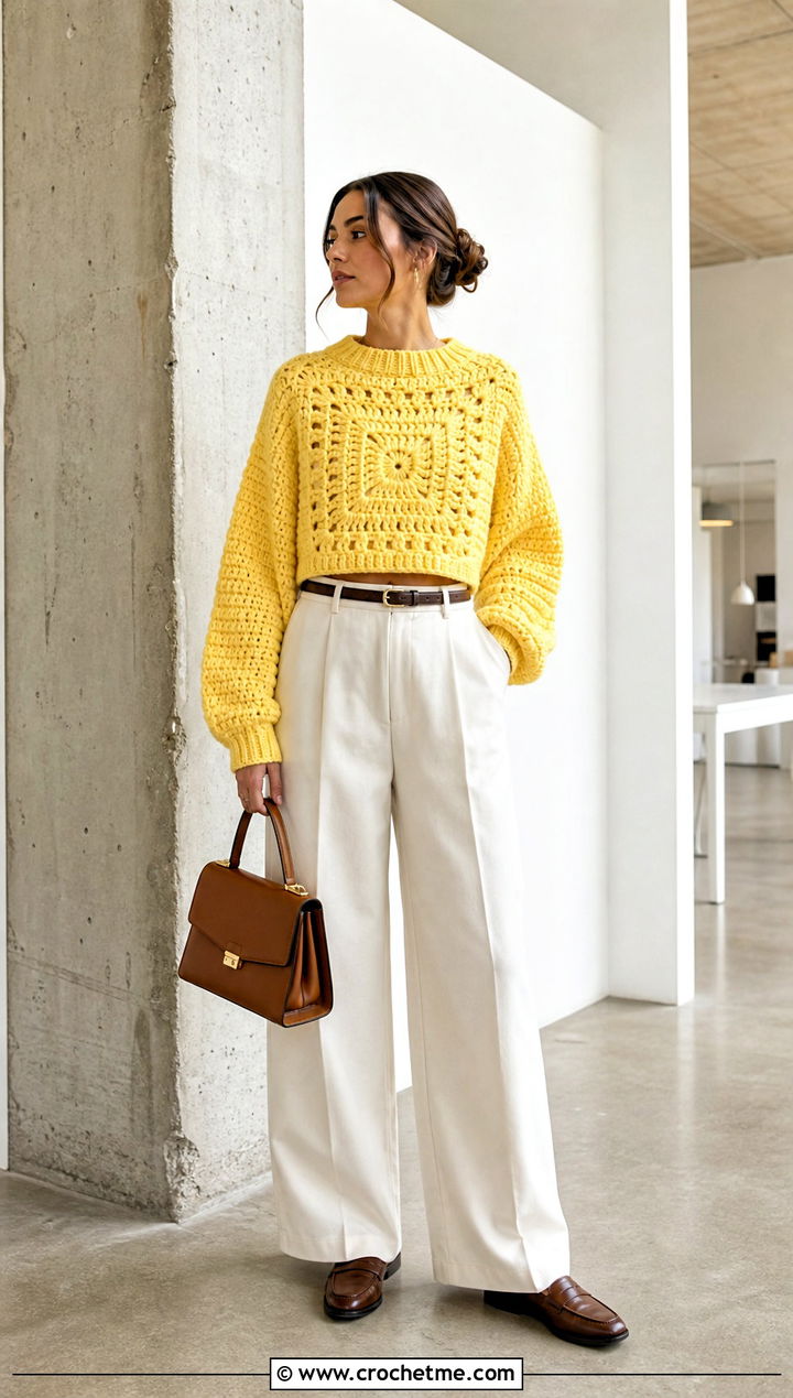 Cropped Giant Granny Square Sweater With Wide Leg Trousers - 30 giant granny square sweater outfit ideas
