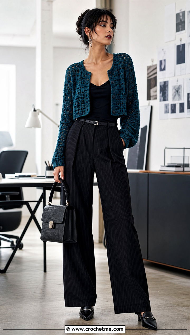 Cropped Goth Crochet Cardigan With Wide Leg Trousers - 15 goth crochet cardigan outfit ideas