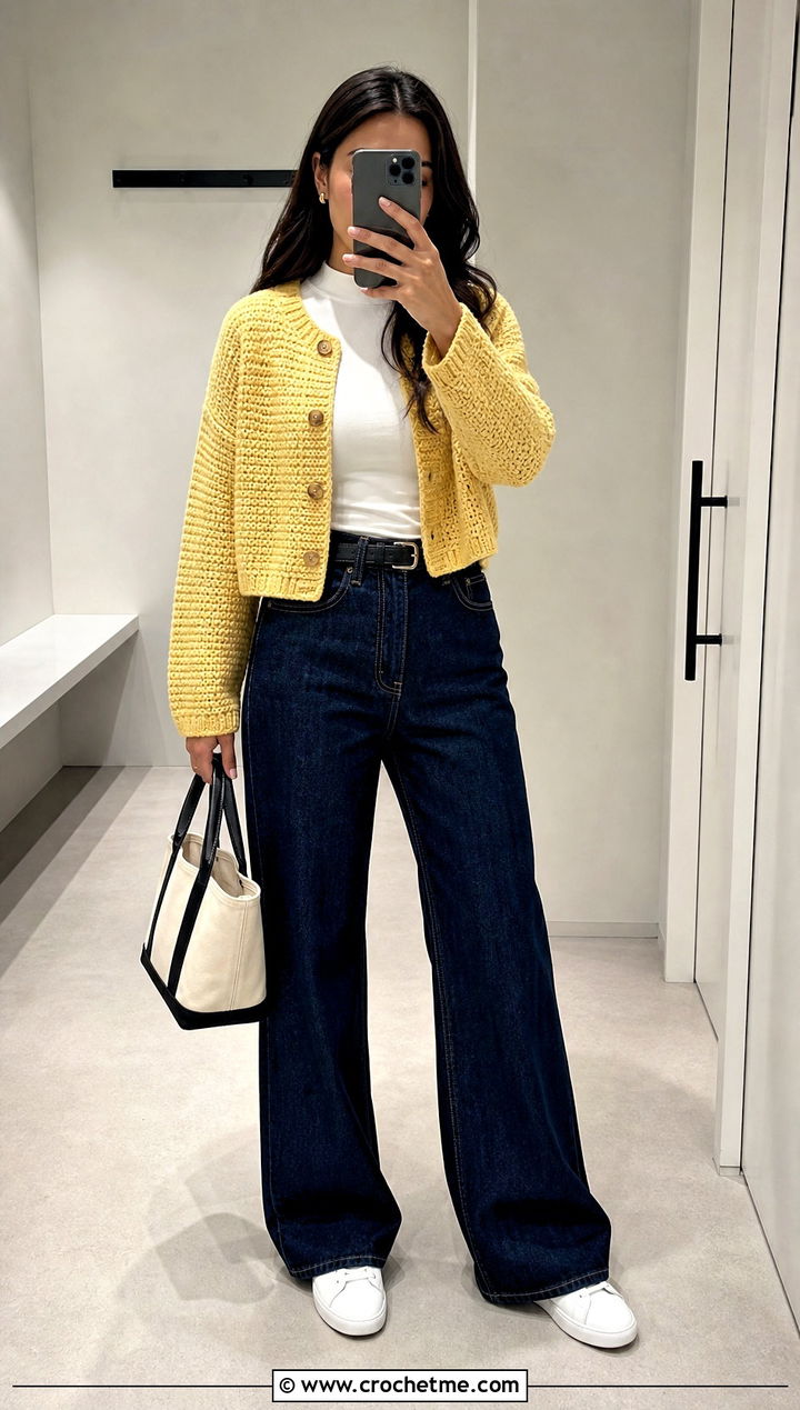 Cropped Grandpa Crochet Cardigan With High Waisted Jeans - 20 grandpa crochet cardigan outfit ideas