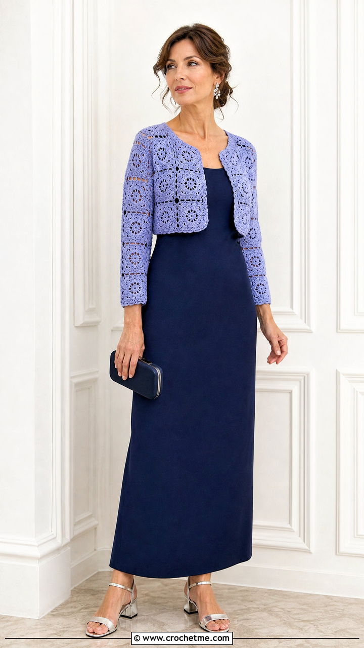 Cropped Granny Bolero Cardigan With Maxi Dress - 35 crochet granny cardigan outfit ideas