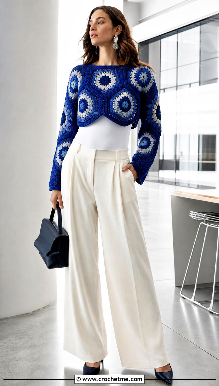 Cropped Granny Hexagon Jumper With Wide Leg Trousers - 30 crochet hexagon jumper outfit ideas
