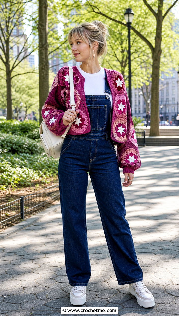 Cropped Granny Hexagon Taylor Swift Crochet Cardigan With Overalls - 35 crochet taylor swift cardigan outfit ideas