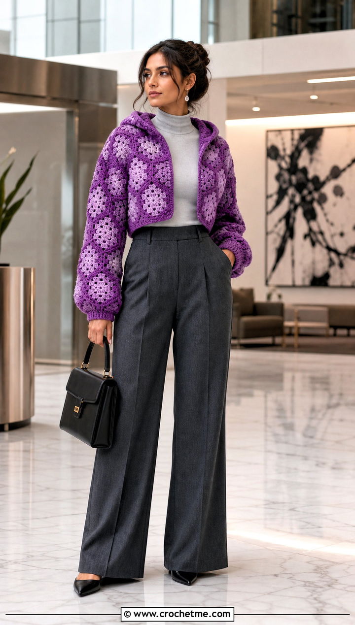 Cropped Granny Hexi Crochet Hoodie With Wide Leg Trousers - 20 hexi crochet hoodie outfit ideas