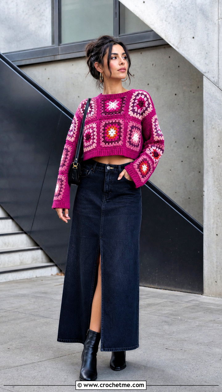 Cropped Granny Panel Sweater With Denim Maxi Skirt - 30 crochet panel sweater outfit ideas
