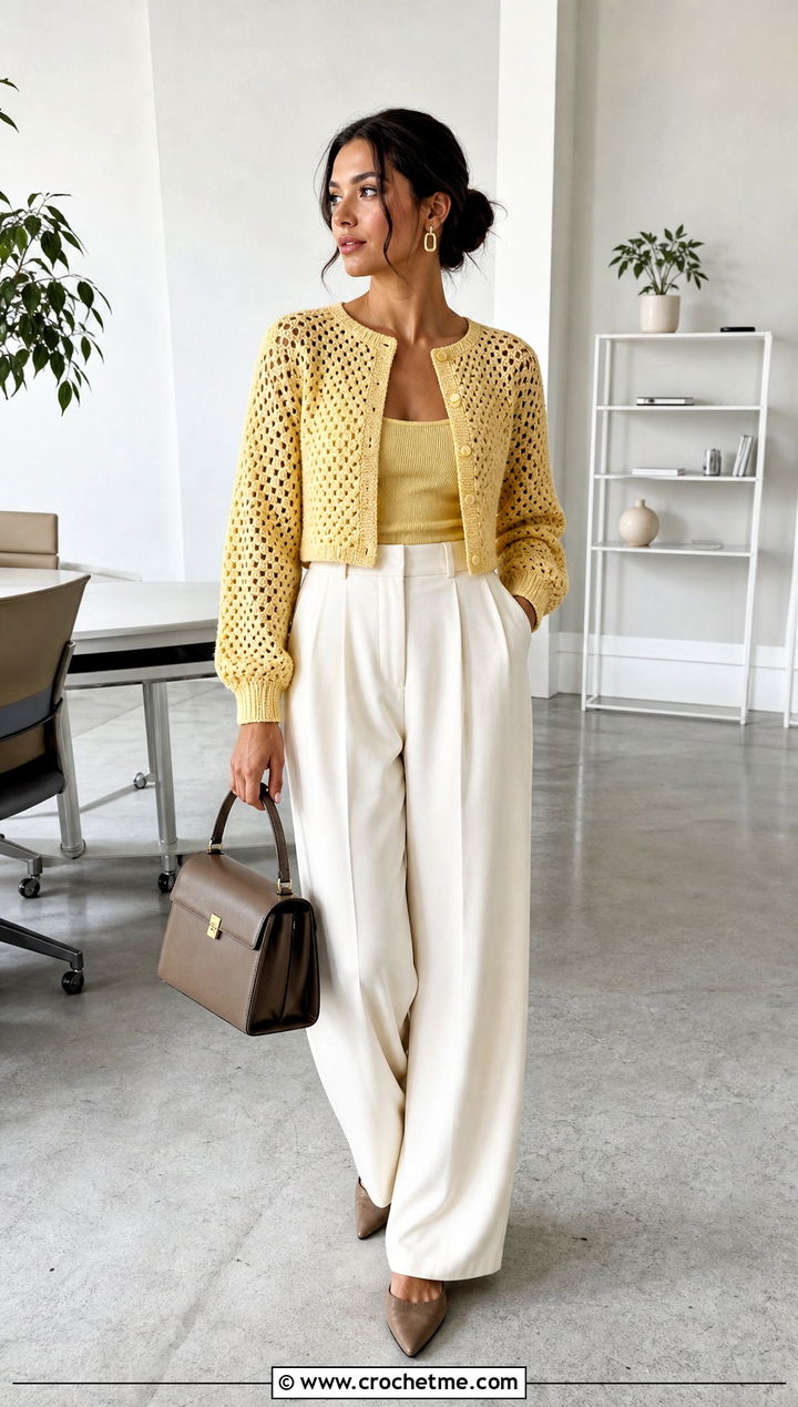 Cropped Granny Raglan Sweater With Wide Leg Trousers - 20 Crochet Granny Raglan Sweater outfit ideas