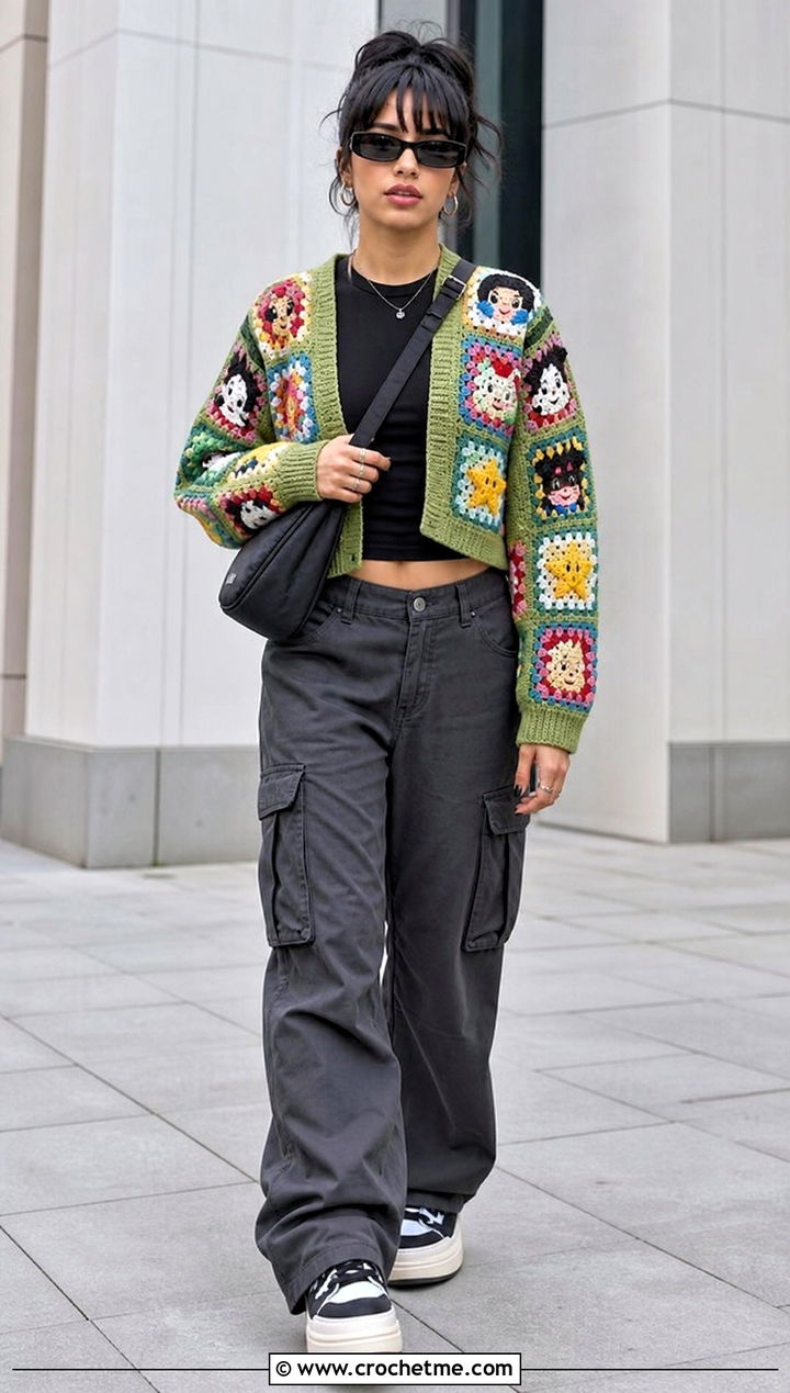 Cropped Granny Square Anime Crochet Cardigan With Cargo Pants - 30 anime crochet cardigan outfit ideas