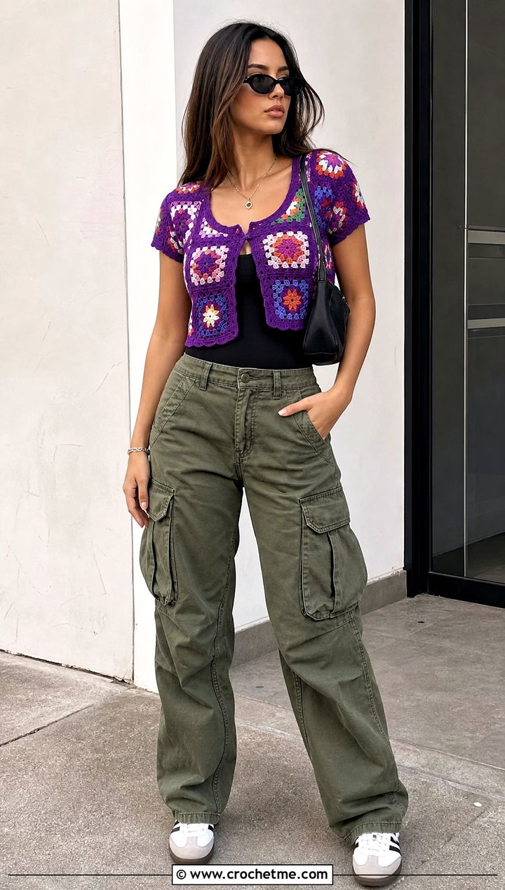 Cropped Granny Square Blouse With Cargo Pants - 35 Granny Square Blouse outfit ideas