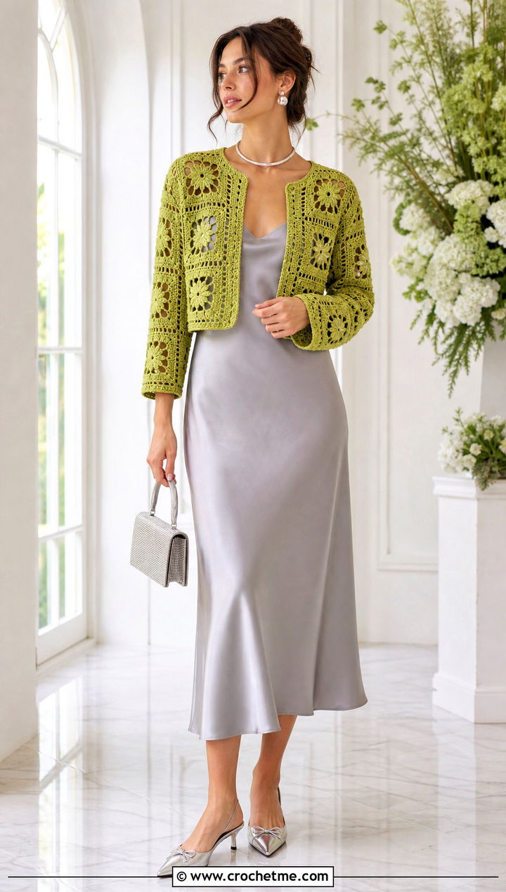 Cropped Granny Square Bolero With Satin Slip Dress - 25 Crochet Granny Shrug outfit ideas