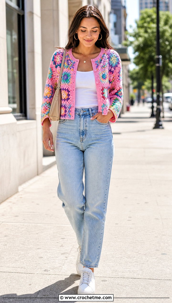 Cropped Granny Square Button Cardigan With Straight Jeans - 25 Crochet Button Cardigan outfit ideas