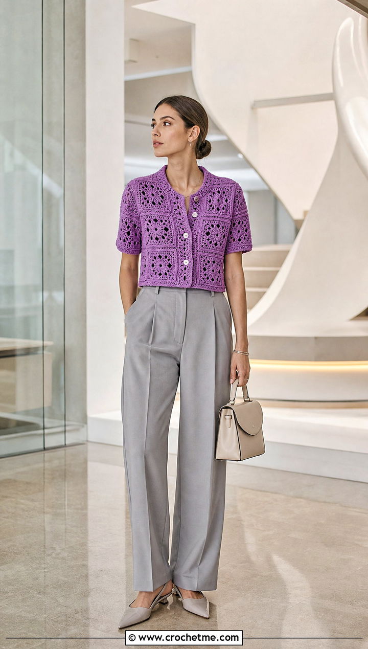 Cropped Granny Square Button Up Shirt With Tailored Trousers - 25 Granny Square Button Up Shirt outfit ideas
