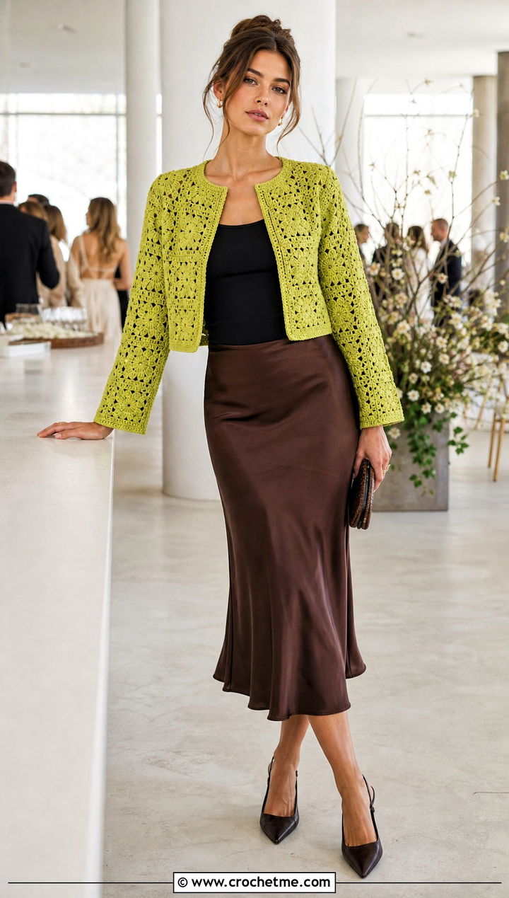Cropped Granny Square Car Coat With Satin Midi Skirt - 15 Granny Square Car Coat outfit ideas