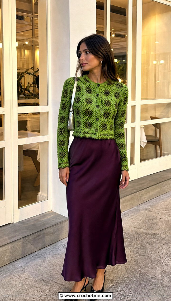 Cropped Granny Square Cardigan Top With Slip Skirt - 35 granny squares top outfit ideas