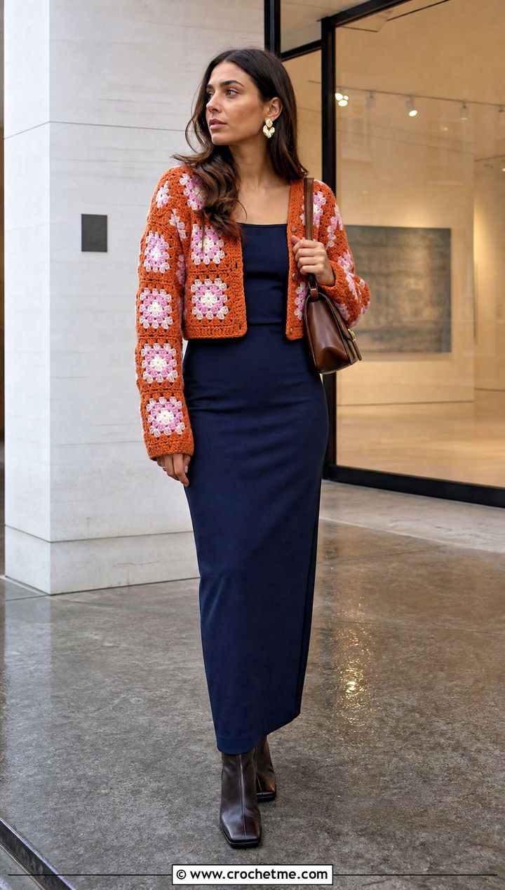 Cropped Granny Square Cardigan With Column Maxi Dress - 15 crochet granny square afghan style coat cardigan outfit ideas
