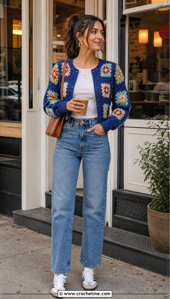 Cropped Granny Square Cardigan With High Waisted Jeans - 20 boho granny square cardigan outfit ideas