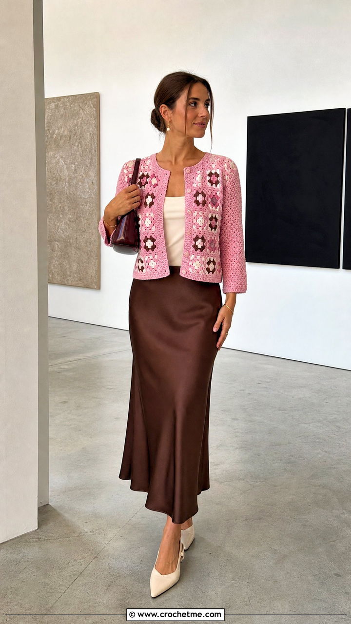 Cropped Granny Square Cardigan With Satin Midi Skirt - 35 granny square clothes and outfit ideas
