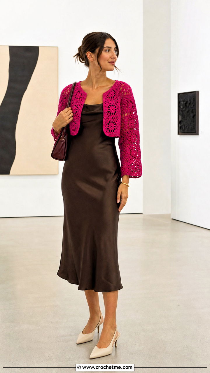 Cropped Granny Square Cardigan With Satin Slip Dress - 35 granny square crochet clothes and outfit ideas
