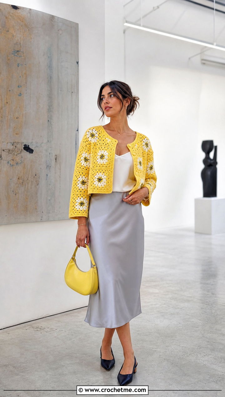 Cropped Granny Square Cardigan With Satin Slip Skirt - 30 crochet square cardigan outfit ideas