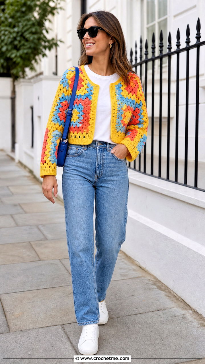 Cropped Granny Square Cardigan With Straight Leg Jeans - 35 chunky crochet cardigan outfit ideas