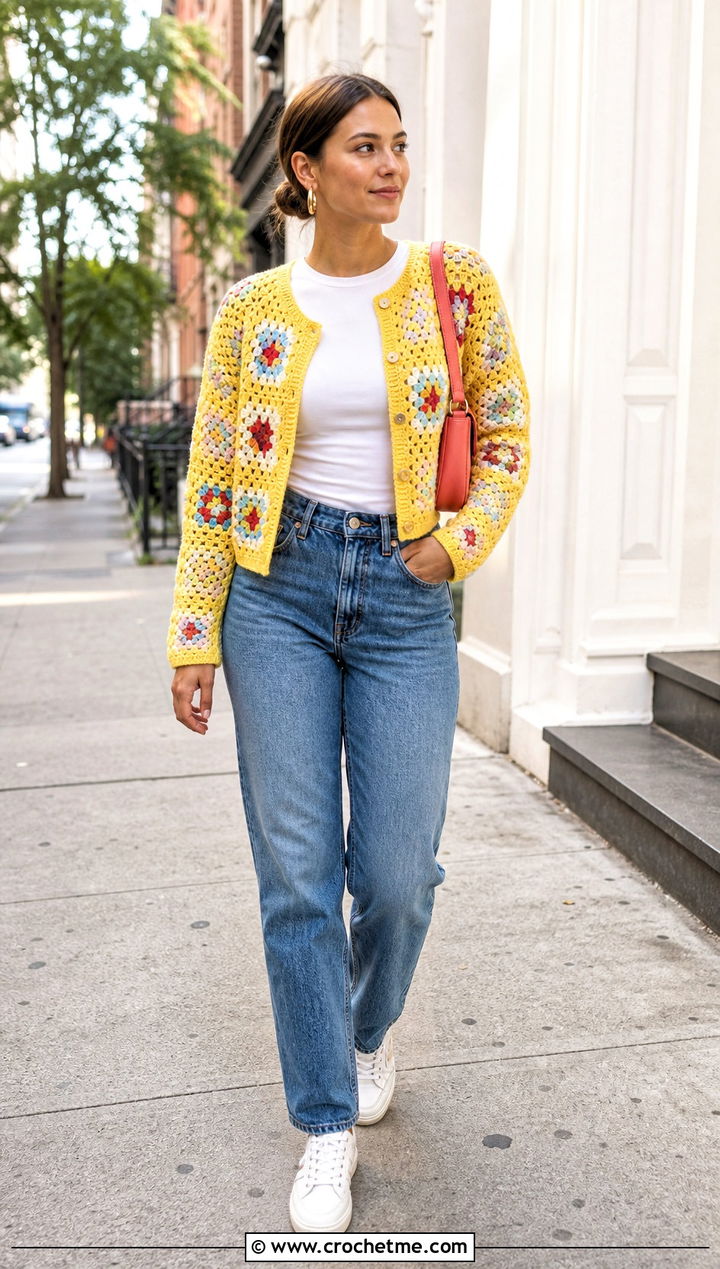 Cropped Granny Square Cardigan With Straight Leg Jeans - 15 Everyday Granny Square Cardigan outfit ideas