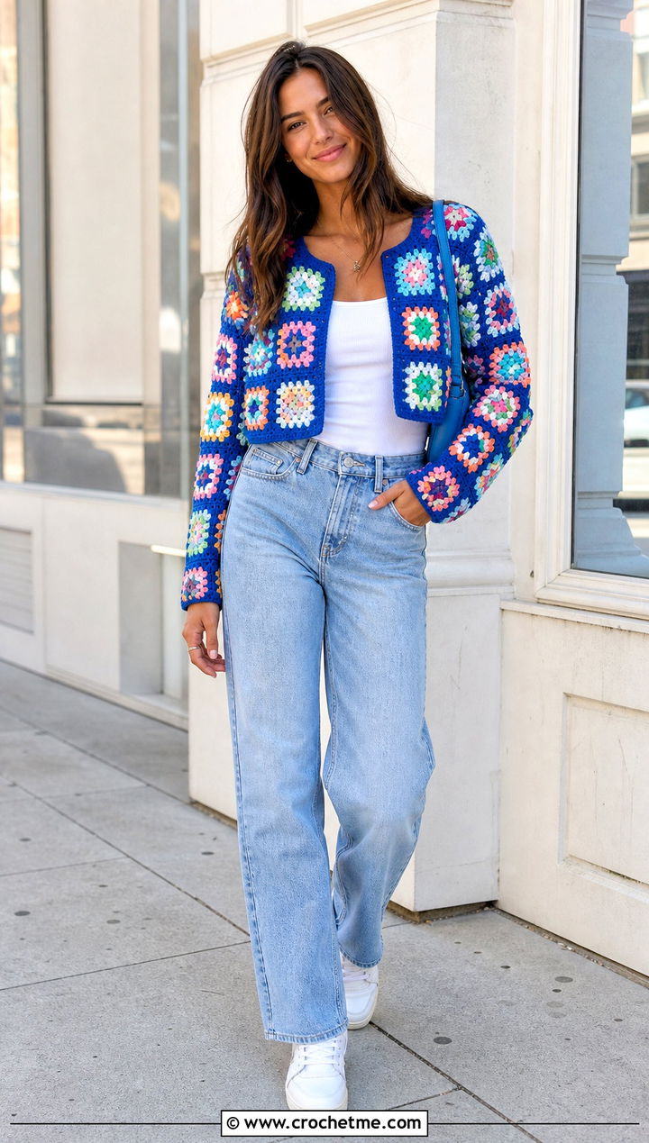 Cropped Granny Square Cardigan With Straight Leg Jeans - 15 originally lovely granny square cardigan outfit ideas